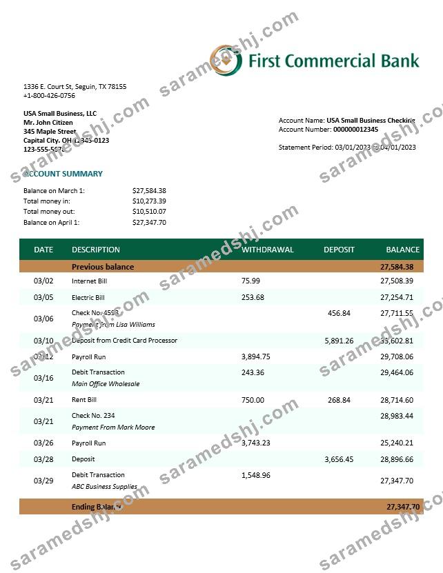 First Commercial Bank company statement Word and PDF template